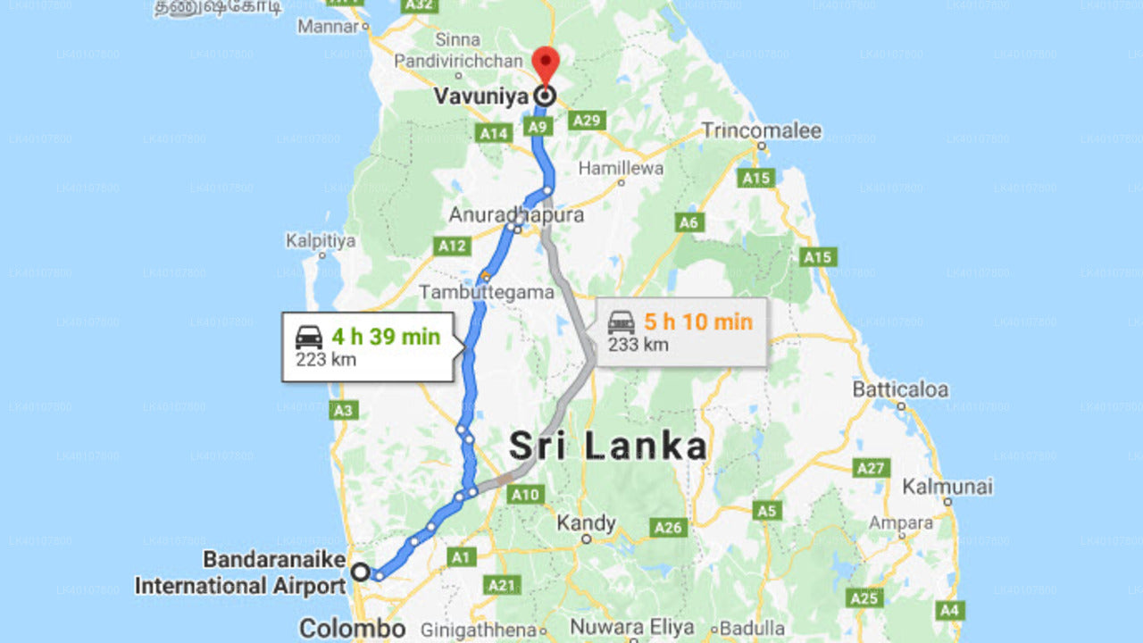 Colombo Airport (CMB) to Vavuniya City Private Transfer