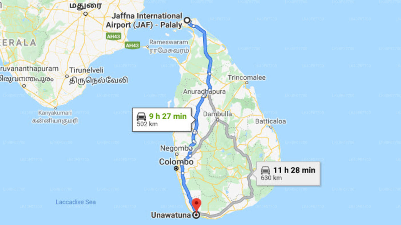 Jaffna (JAF) Airport to Unawatuna City Private Transfer