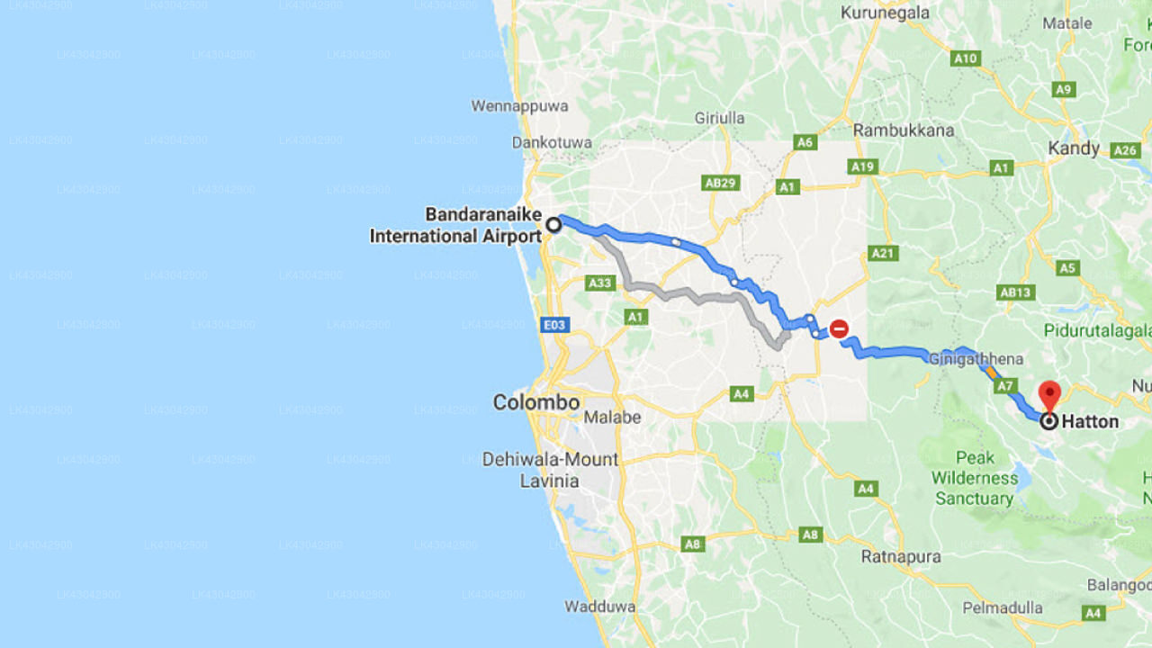 Transfer between Colombo Airport (CMB) and Tientsin Bungalow, Hatton
