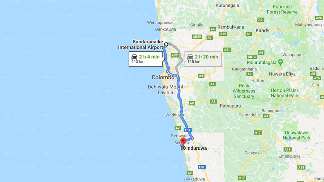 Transfer between Colombo Airport (CMB) and Pandanus Beach Resort and Spa, Induruwa