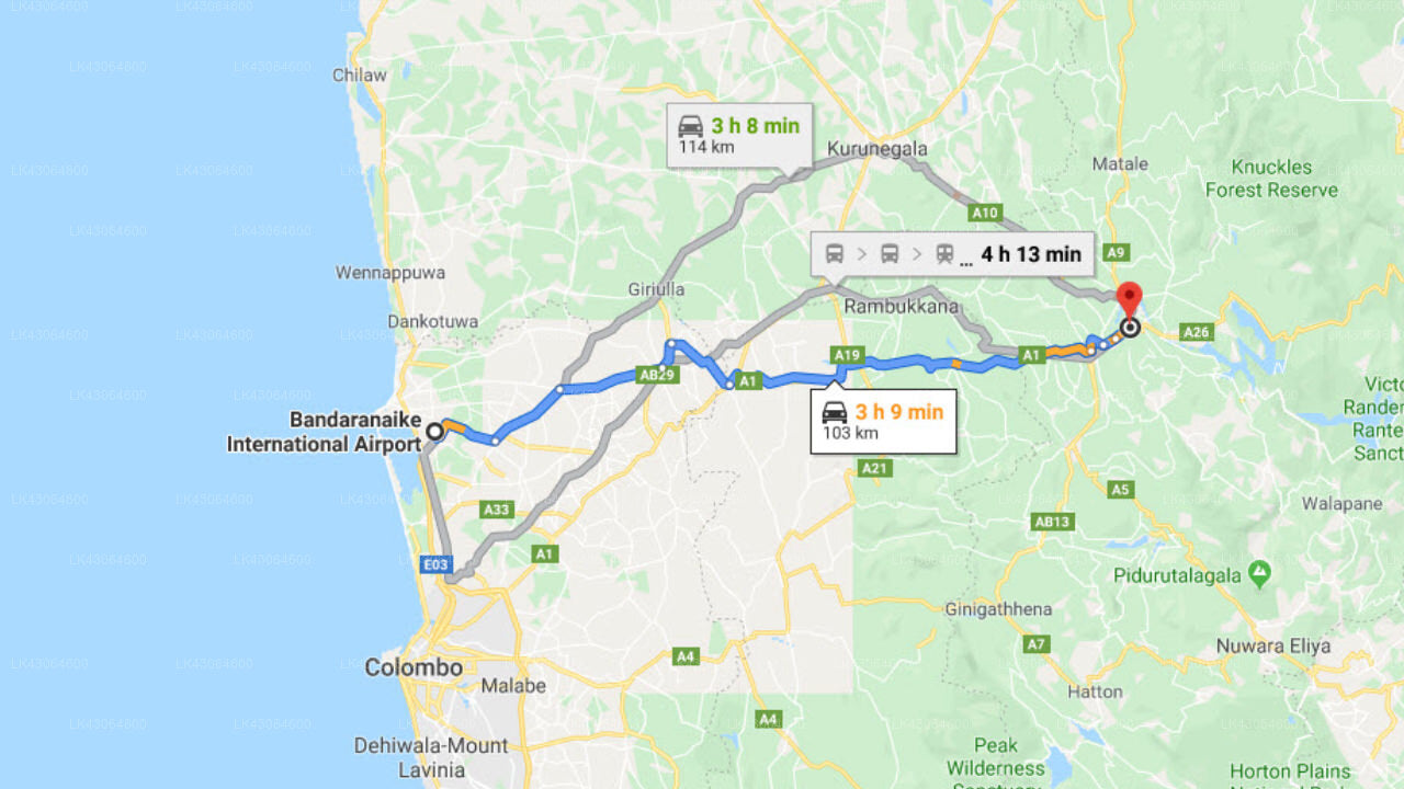 Transfer between Colombo Airport (CMB) and Randholee Luxury Resort, Kandy