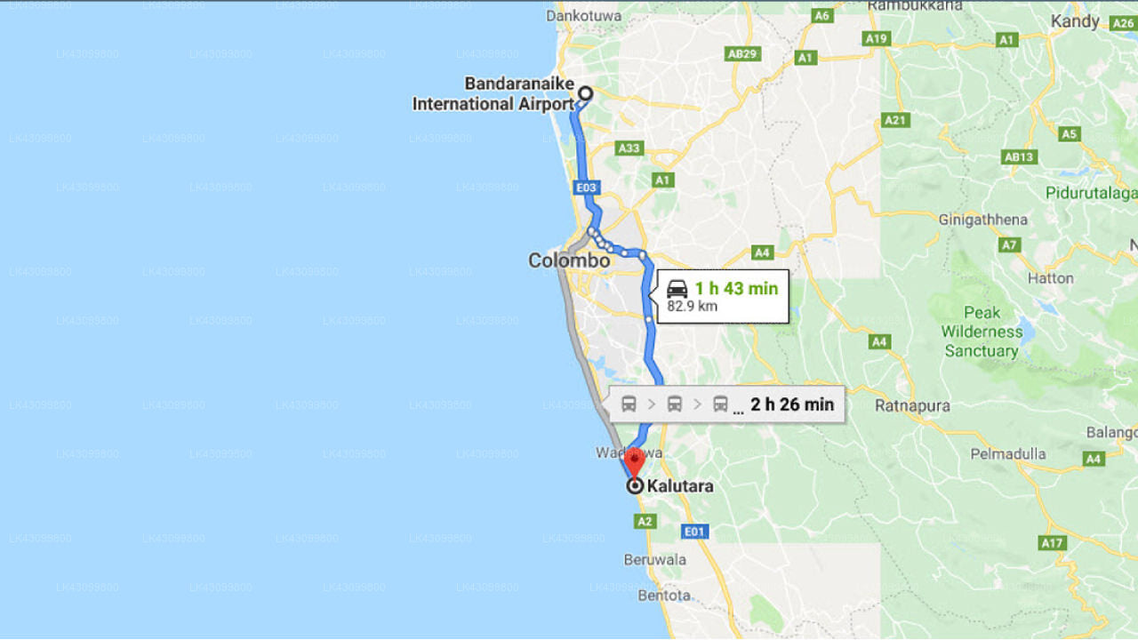Transfer between Colombo Airport (CMB) and Plantation Villa, Kalutara