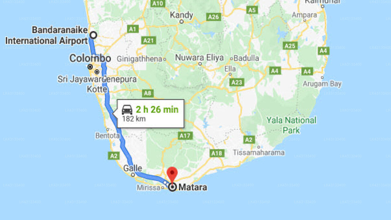 Transfer between Colombo Airport (CMB) and Randuma Villas, Matara