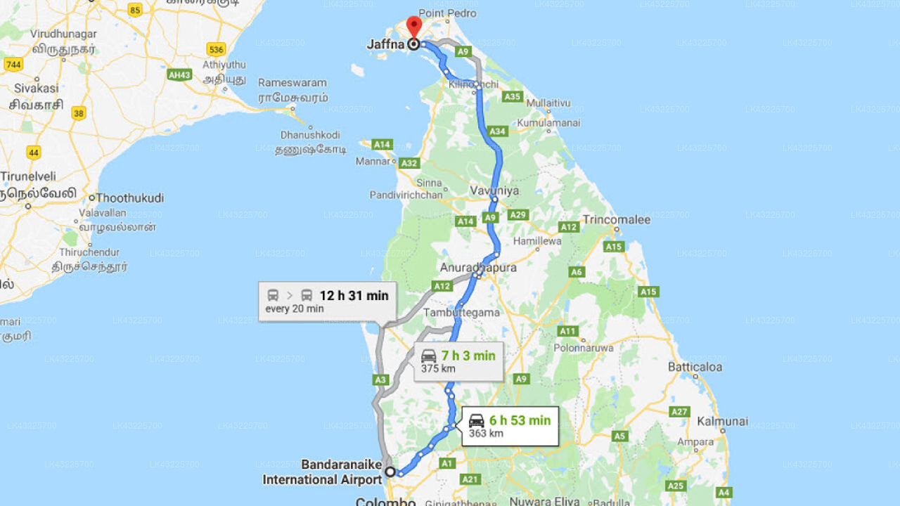 Transfer between Colombo Airport (CMB) and The Valampuri, Jaffna