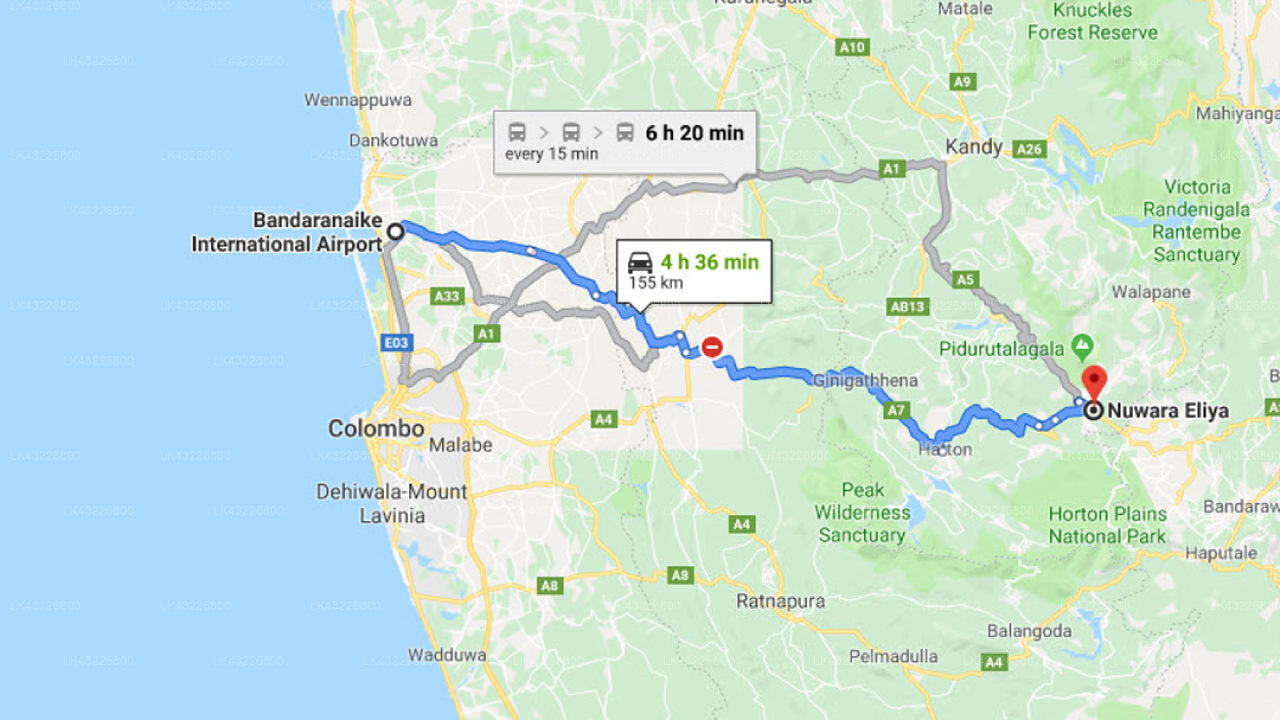 Transfer between Colombo Airport (CMB) and The Queeensburry City Hotel, Nuwara Eliya