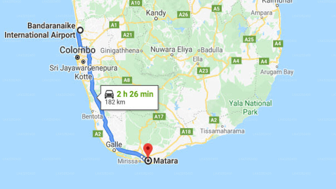 Transfer between Colombo Airport (CMB) and Hotel Blue Corals, Matara