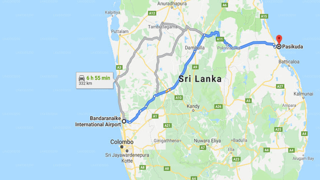 Transfer between Colombo Airport (CMB) and Sunrisebay Passikuda, Pasikuda